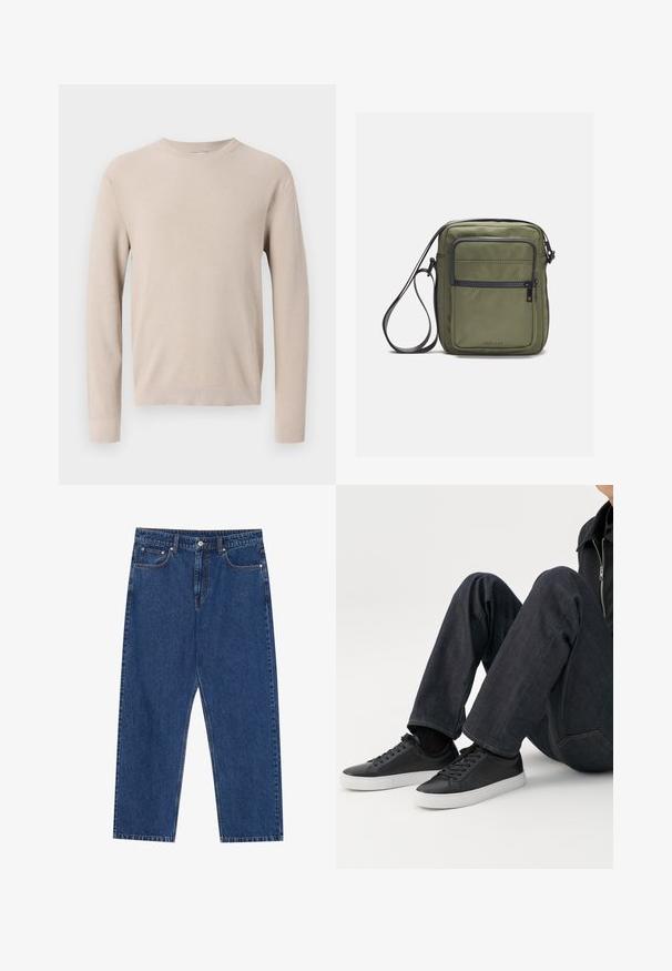Pull beige à manches longues avec col rond, poignets et ourlet côtelés, présentant un motif en tricot texturé.; Jeans en denim bleu foncé, avec une coupe droite, des poches avant et une braguette à bouton avec des coutures contrastées.; Personne assise avec les jambes pliées, portant un jean bleu foncé et des baskets basses noires avec des semelles blanches sur fond blanc.; Sac en bandoulière vert olive avec une texture lisse, doté d'une poche zippée à l'avant et d'une sangle réglable. Fabriqué en matériau nylon durable.