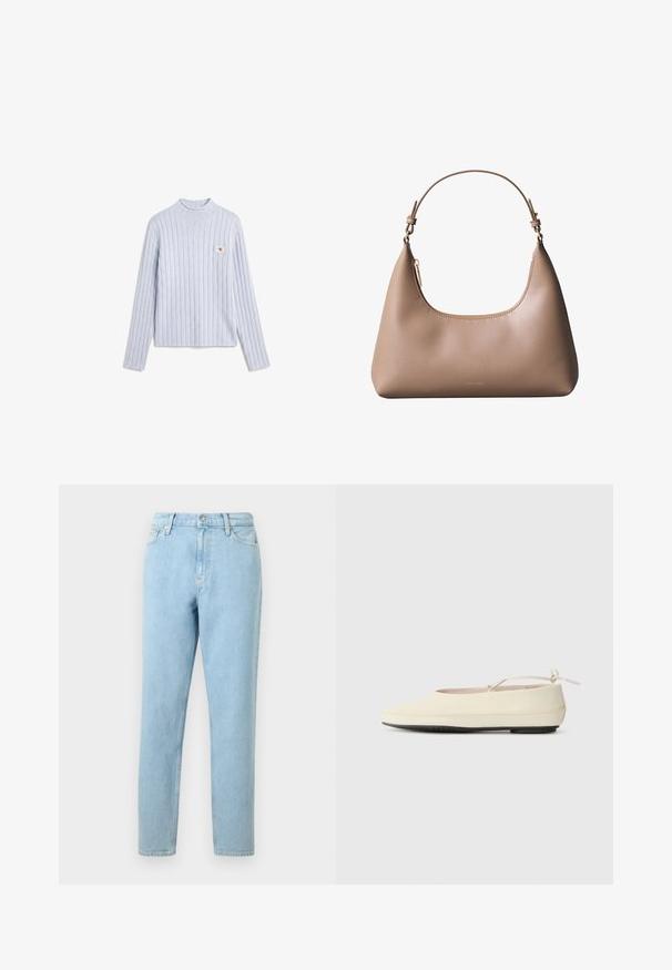 Pull bleu clair côtelé à manches longues avec col cheminée et petite étiquette logo rouge et blanc sur la poitrine.; Jeans en denim bleu clair avec une coupe droite, design à cinq poches et fermeture à bouton. Présente un léger dégradé et une texture lisse.; Des chaussures plates de couleur crème avec un bout arrondi, une sangle à la cheville et une semelle en caoutchouc noir contrastante. Matériau lisse avec un detailing minimal.; Sac à bandoulière en cuir beige avec poignée courte, fermeture éclair supérieure incurvée et logo minimaliste Calvin Klein à l'avant.