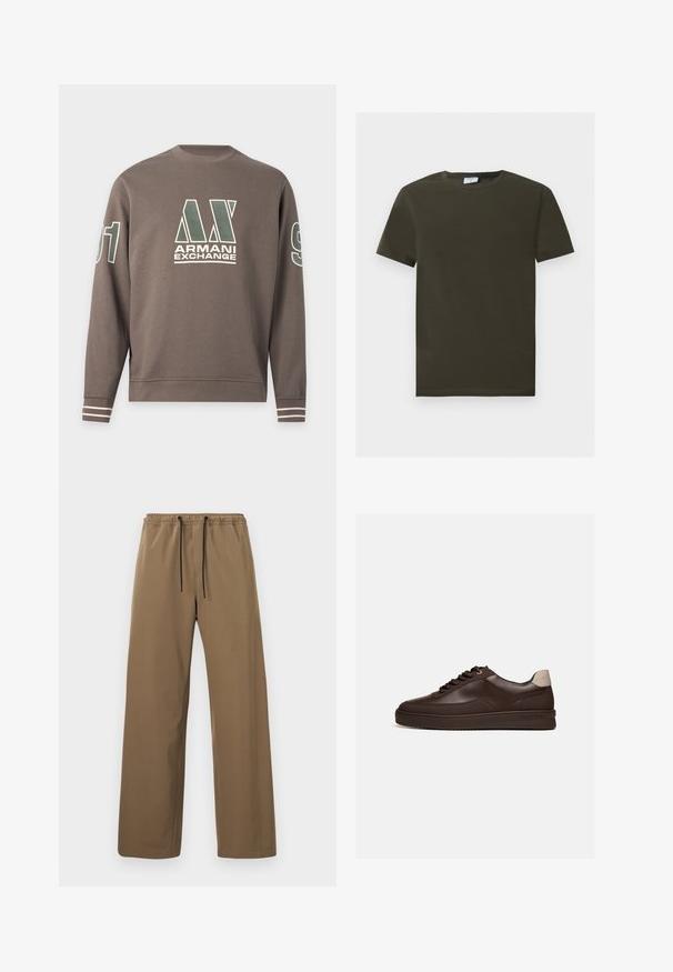 Sweat-shirt marron à manches longues avec le logo Armani Exchange sur la poitrine, le numéro 91 sur les manches et des rayures blanches aux poignets.; T-shirt en coton vert foncé à manches courtes avec col rond et ourlet droit, présenté à plat sur un fond gris clair uni.; Pantalon marron à coupe droite avec taille élastique et cordons noirs, présenté sur un fond clair uni.; Baskets en cuir marron foncé à profil bas avec une semelle rainurée et une languette beige clair au talon, vues de côté sur fond blanc.