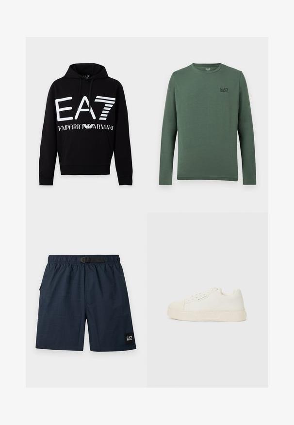 Μαύρο hoodie με λευκό λογότυπο EA7 και κείμενο Emporio Armani μπροστά, με μπροστινή τσέπη και κουκούλα με κορδόνι.; Μπλούζα με μακριά μανίκια, σε ελιά πράσινο, με στρογγυλή λαιμόκοψη και μικρό μαύρο λογότυπο EA7 Emporio Armani στο αριστερό στήθος.; Σκούρα ναυτικοί σορτς με ελαστική μέση και ρυθμιζόμενο μαύρο πόρπη, διακριτικό καρό σχέδιο και μαύρο ταμπελάκι με το λογότυπο EA7 στο κάτω μέρος του ποδιού.; Αθλητικά παπούτσια κρέμα με λείο επάνω μέρος, στρογγυλή μύτη, ανάγλυφο λογότυπο και υφασμένη λευκή σόλα. Διαθέτει δέσιμο με κορδόνια μπροστά και μινιμαλιστικό σχεδιασμό.