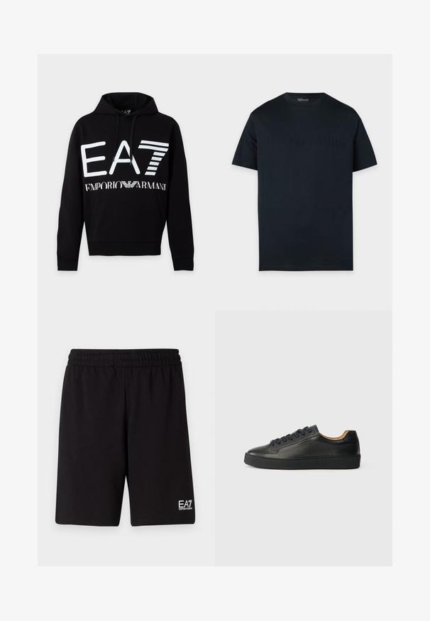 Μαύρο hoodie με λευκό λογότυπο EA7 και κείμενο Emporio Armani μπροστά, με μπροστινή τσέπη και κουκούλα με κορδόνι.; Μαύρο κοντομάνικο μπλουζάκι με στρογγυλή λαιμόκοψη και διακριτικό ανάγλυφο λογότυπο Emporio Armani στο στήθος σε μονόχρωμο φόντο.; Μαύρες αθλητικές βερμούδες φτιαγμένες από μαλακό ύφασμα, με ελαστική μέση και ένα μικρό λευκό λογότυπο στην κάτω δεξία πλευρά.; Μαύρο χαμηλό δερμάτινο αθλητικό παπούτσι με υφή, μαύρες κορδόνες και χοντρή καουτσούκ σόλα, εμφανίζεται από το πλάι σε φωτεινό φόντο.