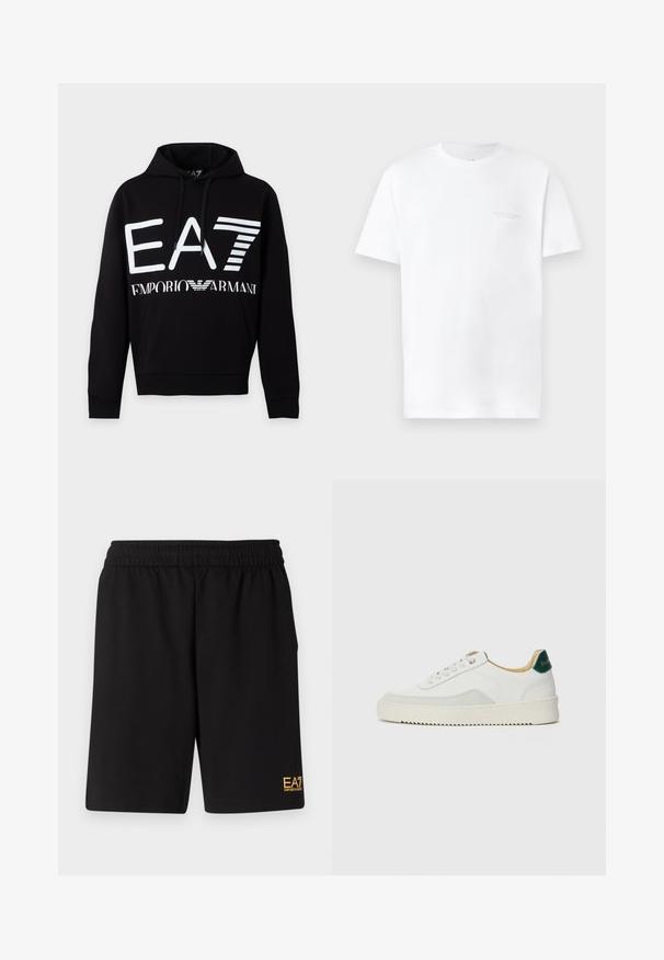 Μαύρο hoodie με λευκό λογότυπο EA7 και κείμενο Emporio Armani μπροστά, με μπροστινή τσέπη και κουκούλα με κορδόνι.; Λευκό βαμβακερό μπλουζάκι με κοντά μανίκια, στρογγυλή λαιμόκοψη, με διακριτή γκρι εκτύπωση λογότυπου στην αριστερή πλευρά του στήθους και λεία υφή.; Μαύρες αθλητικές βερμούδες από μαλακό ύφασμα, με ελαστική μέση και μικρό λογότυπο EA7 στο κάτω αριστερό πόδι.; Λευκά sneakers με σουέτ λεπτομέρειες, στρογγυλή μύτη, επίπεδα κορδόνια και κρέμα από καουτσούκ σόλα. Διαθέτει πράσινη επωνυμία στη φτέρνα.