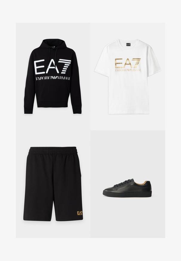 Μαύρο hoodie με λευκό λογότυπο EA7 και κείμενο Emporio Armani μπροστά, με μπροστινή τσέπη και κουκούλα με κορδόνι.; Λευκή βαμβακερή μπλούζα με κοντά μανίκια και στρογγυλή λαιμόκοψη, που διαθέτει μεγάλο χρυσό μεταλλικό λογότυπο "EA7" και την ένδειξη "EMPORIO ARMANI" από κάτω.; Μαύρες αθλητικές βερμούδες από μαλακό ύφασμα, με ελαστική μέση και μικρό λογότυπο EA7 στο κάτω αριστερό πόδι.; Μαύρο χαμηλό δερμάτινο αθλητικό παπούτσι με υφή, μαύρες κορδόνες και χοντρή καουτσούκ σόλα, εμφανίζεται από το πλάι σε φωτεινό φόντο.