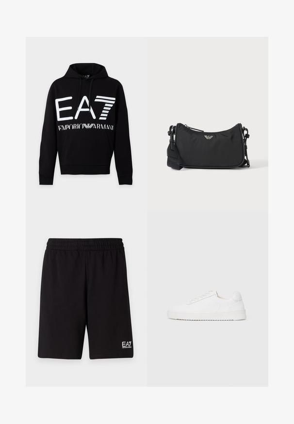 Μαύρο hoodie με λευκό λογότυπο EA7 και κείμενο Emporio Armani μπροστά, με μπροστινή τσέπη και κουκούλα με κορδόνι.; Μαύρες αθλητικές βερμούδες φτιαγμένες από μαλακό ύφασμα, με ελαστική μέση και ένα μικρό λευκό λογότυπο στην κάτω δεξία πλευρά.; Λευκό αθλητικό παπούτσι με λείο δερμάτινο επάνω μέρος, στρογγυλή μύτη, κορδόνια, υφή στα πλαϊνά και παχύ καουτσούκ πάτο. Μινιμαλιστικός σχεδιασμός.; Μαύρη ορθογώνια τσάντα χιαστί με ασημένιο λογότυπο της μάρκας και ρυθμιζόμενο λουράκι σε ανοιχτό φόντο.