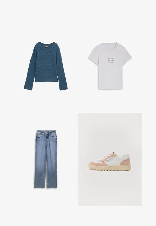 Blå strikket sweater med rund halsudskæring, struktureret mønster, lange ærmer og ribbet kant. Afslappet design, blødt materiale, letvægts.; Hvid T-shirt med korte ærmer og teksten "Tom Tailor love is everything" trykt i sort skrift midt på brystet.; Lysblå denim wide-leg jeans med høj talje. De har fem lommer, en knaplukning og synlige sømme langs sømmene.; Hvide og lyserøde sneakers i glat læder og ruskind, rund tå, flad sål og tonale snørebånd. Har sidebranding-detalje.