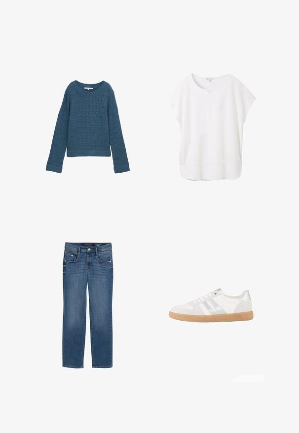 Blå strikket sweater med rund halsudskæring, struktureret mønster, lange ærmer og ribbet kant. Afslappet design, blødt materiale, letvægts.; Hvid kortærmet bluse lavet af blødt stof. Har en rund halsudskæring med en lille indsats og en let buet kant for en afslappet pasform.; Straight-leg jeans i medium blå denim, med fem lommer, subtile falmninger og syede detaljer langs sømmene.; Hvid lavtop sneaker med sølvstriber, hvide snørebånd og en lys brun gummisål, vist fra siden på en hvid baggrund.