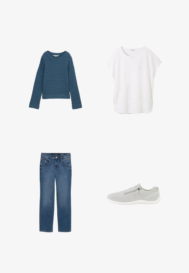 Sininen neulepaita pyöreällä kaula-aukolla, rakennekuvioinnilla, pitkillä hihoilla ja resorireunalla. Rentoa muotoilua, pehmeää materiaalia, kevyt.; Valkoinen lyhythihainen paita, joka on valmistettu pehmeästä kankaasta. Siinä on pyöristetty pääntie, jossa on pieni lovi, ja hieman kaareva helma rentoa istuvuutta varten.; Suorat lahkeet farkut keskisininen denimi, joissa on viisi taskua, hillitty haalistuminen ja ommellut yksityiskohdat saumoissa.; Vaaleanharmaa verkkokankainen tennari, jossa sivuvetoketju, nauhakiinnitys, valkoinen pohja ja vetolenkkitabs kannassa, esitetty vasemmasta sivuprofiilista.