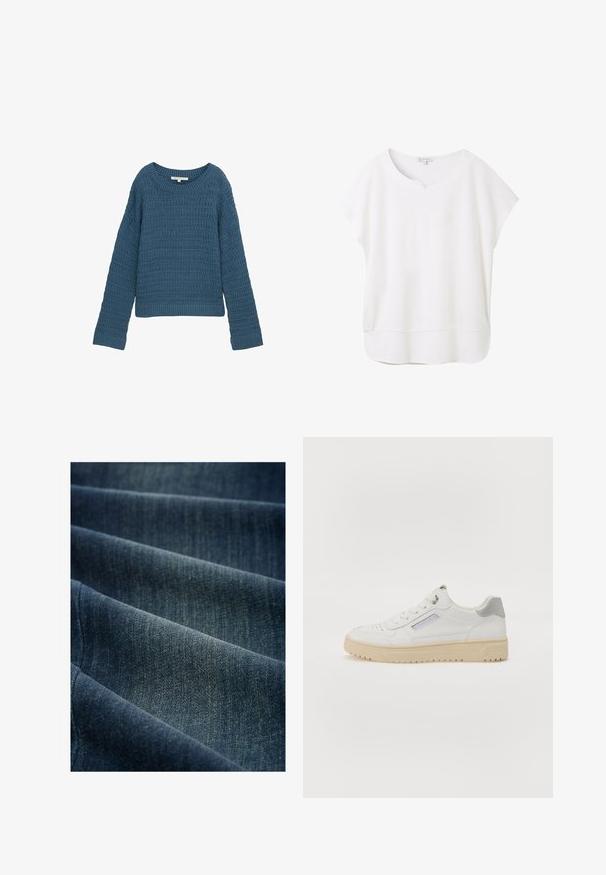 Blå strikket sweater med rund halsudskæring, struktureret mønster, lange ærmer og ribbet kant. Afslappet design, blødt materiale, letvægts.; Hvid kortærmet bluse lavet af blødt stof. Har en rund halsudskæring med en lille indsats og en let buet kant for en afslappet pasform.; Denimstof i mørkeblå, der har en blød tekstur med synlige vævemønstre og subtile højdepunkter, draperet i folder.; Mænds hvide sneakers med en glat overflade, grå detaljer, rund tå og en beige gummisål. Har et sidelabel og perforerede detaljer.
