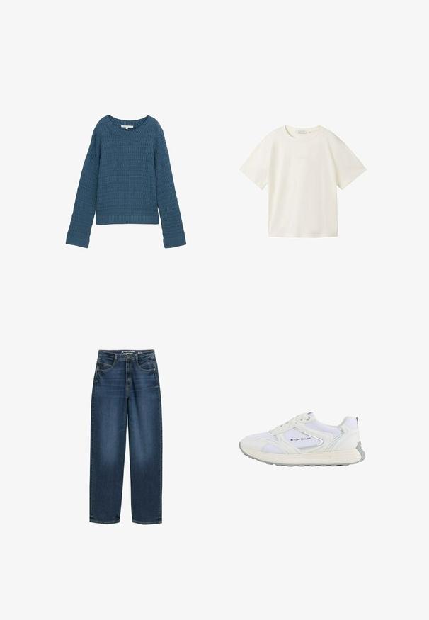 Blauer Strickpullover mit Rundhalsausschnitt, strukturiertem Muster, langen Ärmeln und geripptem Saum. Lässiges Design, weiches Material, leicht.; TOM TAILOR DENIM T-Shirt basic - gardenia white; Dunkelblaue weite Jeans mit hoher Taille, Fronttaschen und klassischer Denim-Textur. Abgeschlossen mit dezenten Steppnähten und geraden Beinsäumen.; Weißer Sportschuh mit einem Obermaterial aus Mesh und Synthetik, ausgestattet mit silbernen Akzenten und einer strukturierten Gummisohle, beschriftet mit "TOM TAILOR."