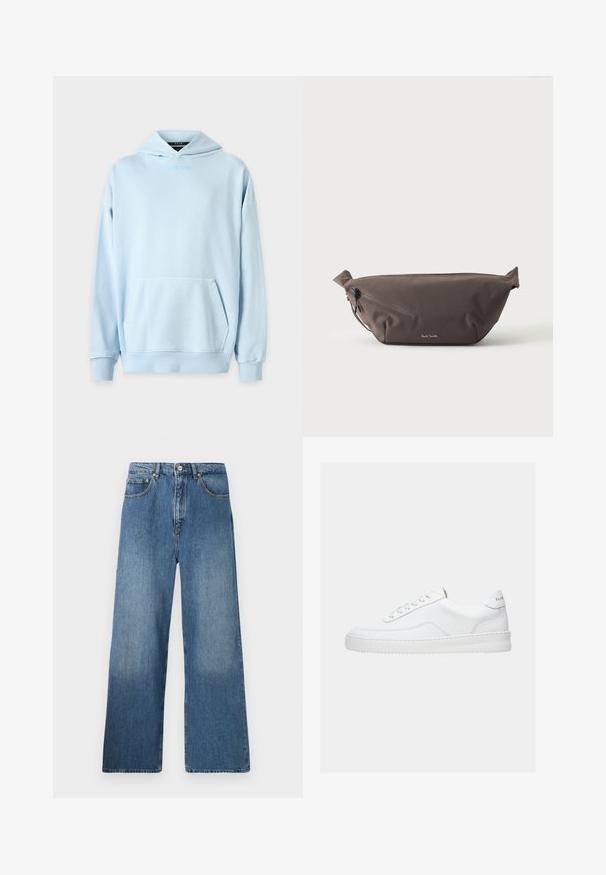 Helles blaues Hoodie mit einer Fronttasche, gerippten Bündchen und einem gestickten Logo auf der Brust. Hergestellt aus einem weichen Baumwoll-Mischgewebe.; Breite blaue Denim-Jeans mit klassischem Fünf-Taschen-Design, Knopfverschluss vorne und leichtem Verblassen für Textur.; Weißer Sneaker mit niedrigem Schaft, Schnürdesign, glattem Lederobermaterial und dicker Sohle, von der Seite auf einfachem Hintergrund gezeigt.; Dunkelbraune Stoff-Gürteltasche mit diagonalem Reißverschlussfach und kleinem weißen Logo vorne, vor einem einfarbigen hellen Hintergrund.