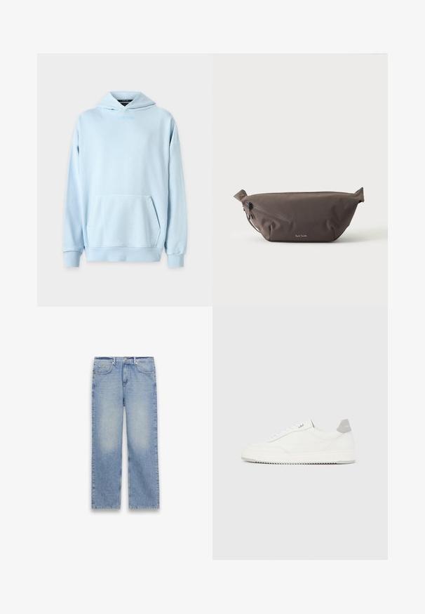 Hoodie de color azul claro con un bolsillo frontal, puños acanalados y un logo bordado en el pecho. Fabricado en un suave tejido de mezcla de algodón.; Vaqueros de mezclilla azul claro de corte recto con cinco bolsillos, trabillas para cinturón y cierre de botón y cremallera.; Zapatilla blanca de corte bajo con pestaña en el talón gris, cordones blancos y suela texturizada, presentada sobre un fondo claro y liso.; Riñonera de tela marrón oscuro con bolsillo diagonal con cremallera y pequeño logo blanco en el frontal, sobre un fondo liso y claro.