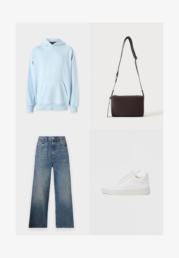 Helles blaues Hoodie mit einer Fronttasche, gerippten Bündchen und einem gestickten Logo auf der Brust. Hergestellt aus einem weichen Baumwoll-Mischgewebe.; Blaue Denim-Hosen mit weitem Bein und hohem Bund, mit subtilen Verfärbungen, fünf Taschen und einem Metallknopfverschluss vorne.; Weißer Ledersneaker mit abgerundetem Zehenbereich, flacher Sohle und Schnürverschluss. Verfügt über Nahtdetails und einen gepolsterten Kragen für zusätzlichen Komfort.; Dunkelbraune, strukturierte Leder-Crossbody-Tasche mit verstellbarem Riemen und kleinem dekorativen blauen Akzent an der Seite.