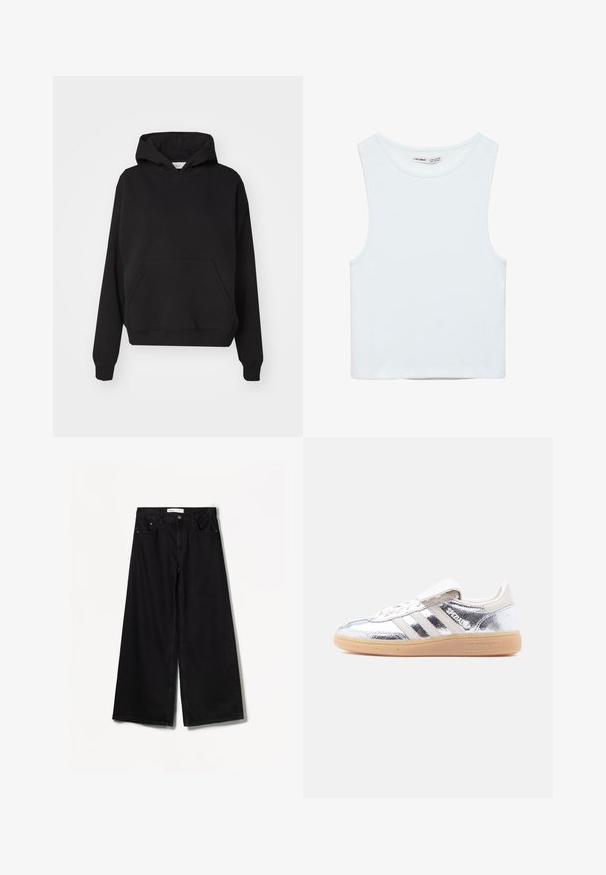 Gina Tricot ICONIC HOODIE - Mikina s kapucňou - black; Biely bezrukávový crop top s okrúhlym výstrihom, vyrobený z hladkej látky, označený Pull&Bear, vhodný na bežné nosenie.; Čierne široké džínsy vyrobené z denimu. Majú vysoký pás, predné a zadné vrecká a strieborné kovanie na zapínaní na gombík a zips.; Strieborný lesklý teniska Adidas Spezial s bielymi pruhmi a gumovou podrážkou, zobrazená z ľavej strany na bielom pozadí.