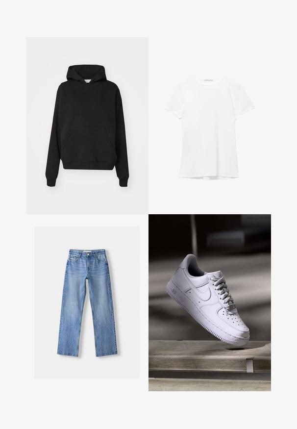 Gina Tricot ICONIC HOODIE - Hættetrøje - black; Hvid kortærmet t-shirt lavet af glat stof, med rund halsudskæring og diskrete syninger ved kanten.; Lysblå denim jeans med lige ben design, der har fem lommer, en frontknaplukning og subtil falmning for tekstur.; Hvid Nike Air Force 1 sneaker svævende over en betonoverflade med skygger i et minimalistisk miljø.