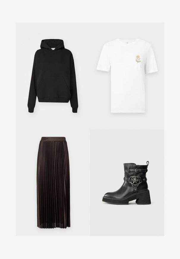 Gina Tricot ICONIC HOODIE - Mikina s kapucňou - black; Biele tričko s krátkym rukávom s malou oranžovou kvetinou a zelenými listami potlačenými na ľavej strane hrudníka.; Plisovaná midi sukňa z tmavohnedého materiálu, s hladkým pásom, dĺžka po zem a vertikálne plisovanie pre pridanie textúry.; Čierna kožená čižma s dĺžkou po členky, s hrubým podpätkom, striebornou prackou a hviezdnými akcentmi, a s logom hviezdy na bočnom páse.