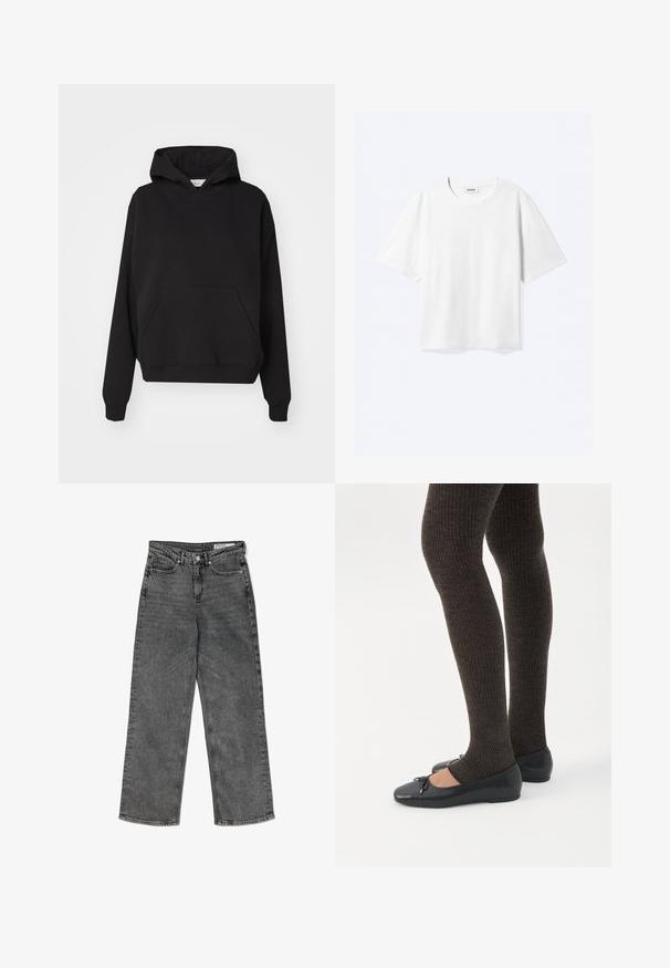 Gina Tricot ICONIC HOODIE - Kapuutsiga pusa - black; Valge lühikeste varrukatega T-särk ümmarguse kaelusega ja sirge äärega, kaeluses sees kaubamärgiga "WEEKDAY" silt.; Kõrge vöökoht, musta värvi kulunud sirge lõikega teksad, millel on esikottide, vöökudumise, nööbikinnituse ja bränditud sisemist vöökohta märgis.; Jalad seljas tumedad soonelises soonelises kombines mustade baleriinadega, millel on väikesed paelade detailid valgel taustal.