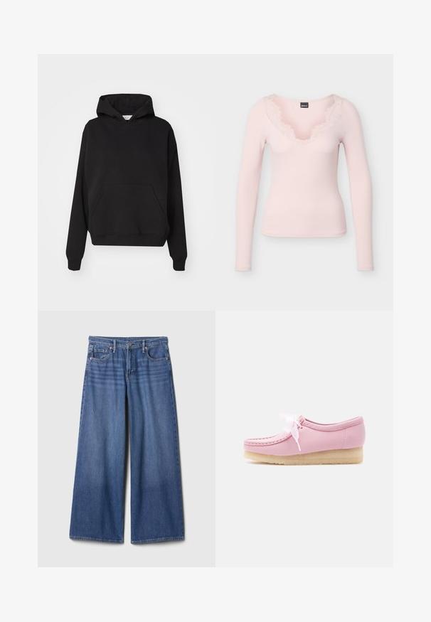 Gina Tricot ICONIC HOODIE - Mikina s kapucňou - black; Svetloružový rebrovaný top s dlhým rukávom a výstrihom do V, ozdobený jemnou čipkou okolo goliera.; Džínsy s širokými nohavicami v stredne modrej farbe, s vysokým pásom, piatimi vreckami a zdobením švov. Hladká textúra, čistý povrch bez ozdôb.; Svetloružová kožená topánka v štýle mokasín s bielymi stužkovými šnúrkami a podrážkou z krepovej gumy, zobrazená v bočnom profile na bielom pozadí.