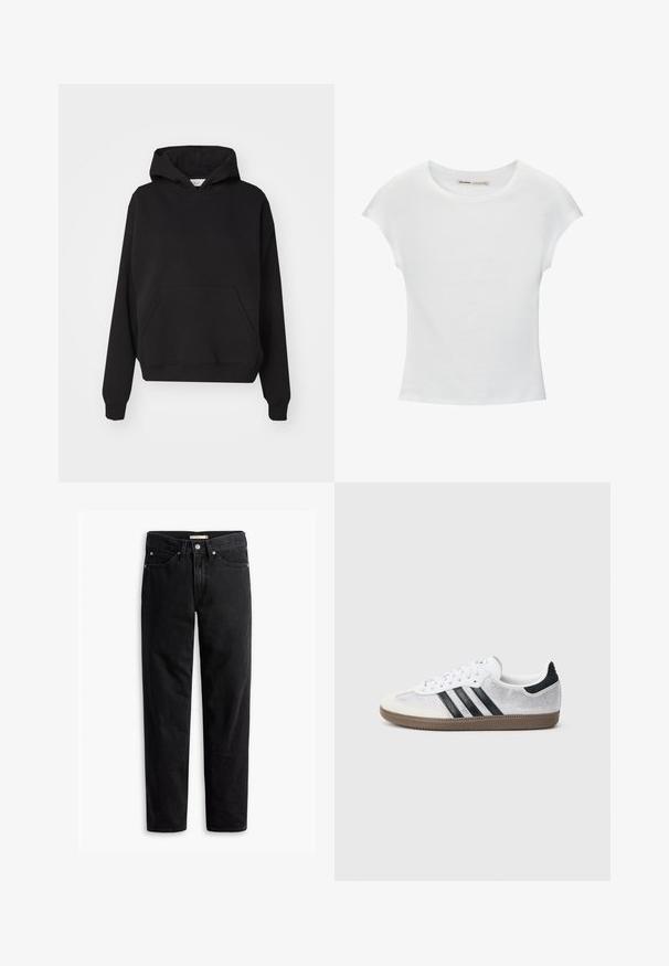 Gina Tricot ICONIC HOODIE - Hoodie - black; Witte katoenen T-shirt met korte, opgerolde mouwen, een ronde halslijn en een rechte zoom. Gladde textuur zonder zichtbare patronen of accenten.; Zwarte straight-leg jeans met knoop- en ritssluiting, riemlussen en voor- en achterzakken, plat gelegd op een witte achtergrond.; Witte mesh sneaker met zwarte strepen, beige suède neuskapje en hielaccent, gestructureerde rubberen zool en witte veters. Klassiek ontwerp met lage schacht.