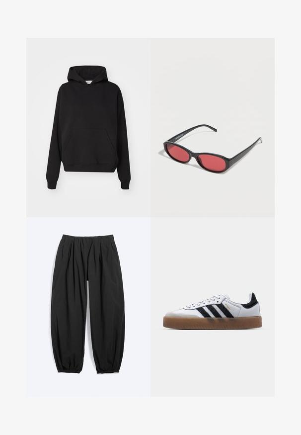 Gina Tricot ICONIC HOODIE - Hættetrøje - black; Løse sorte tilspidsede bukser med elastisk talje og ankelsmæk, lavet af let stof.; Hvide lædersneakers med sorte striber, gummirubber sål, rund tå, snørelukning og blød grå ruskinds tåhætte.; Sorte ovale solbriller med tynde arme og rødtonede linser, der ligger på en hvid overflade.