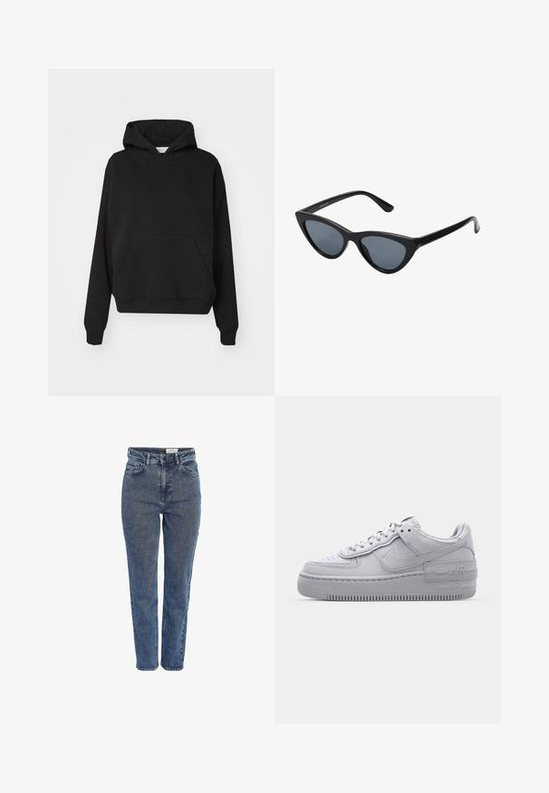 Gina Tricot ICONIC HOODIE - Jersey con capucha - black; Vaqueros de mezclilla azul de talle alto con bolsillos delanteros, trabillas para cinturón, cierre de botones y corte recto, sobre un fondo blanco.; Zapatilla Nike Air Force 1 gris con puntera perforada, parte superior de cuero suave, suela gruesa y detalle en relieve 'AIR' en el talón.; Gafas de sol negras en forma de ojo de gato con lentes gris oscuro, marco de plástico elegante, esquinas puntiagudas y patillas rectas. Sin herrajes ni acentos visibles.