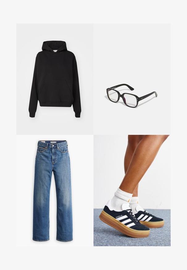 Gina Tricot ICONIC HOODIE - Hoodie - black; Lichtblauwe spijkerbroek met een hoge taille, brede pijpen, klassieke vijfzakkenstijl en subtiele vervaging in de stof.; Ben met witte sokken en zwarte Adidas Gazelle sneakers met witte strepen en dikke bruine zolen op een grijs tapijt.; Zwarte rechthoekige bril met heldere lenzen, voorzien van afgeronde randen en zijaccenten, met een glanzende afwerking van het montuur en de pootjes.