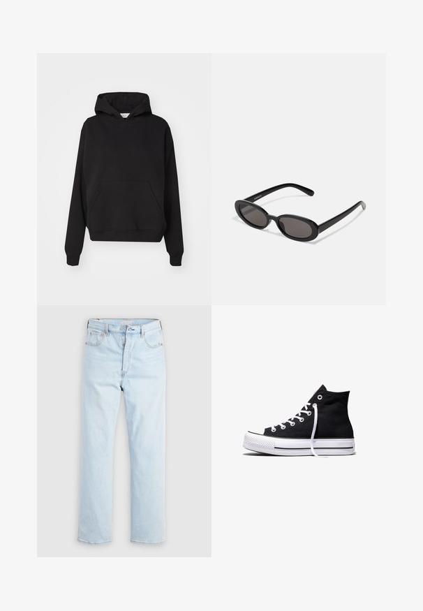 Gina Tricot ICONIC HOODIE - Jersey con capucha - black; Vaqueros azul claro de tiro alto y pierna recta con cierre de botones y bolsillos delanteros y traseros sobre un fondo blanco liso.; Zapatilla alta de lona negra con suela de goma blanca y cordones blancos, vista de lado sobre un fondo blanco.; Even&Odd by Zalando Gafas de sol - black