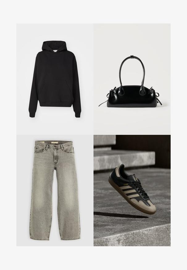 Gina Tricot ICONIC HOODIE - Kapuutsiga pusa - black; Heledad hallhallid teksapüksid, mis on valmistatud denimist. Omab traditsioonilist viie tasku stiili ning kergelt kulunud välimust kogu kanga ulatuses.; Must ja beež nahast spordijalats, millel on kolm valget triipu, tan värvi kummist talla ja kuldsete "Samba" detailidega küljel.; Väike must läikiv käekott kahe pika sangaga ja külgedel paelakinnitustega, ühel lihtsal helel taustal.