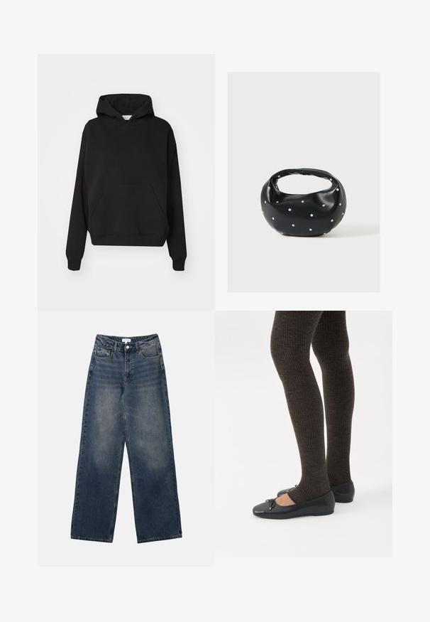 Gina Tricot ICONIC HOODIE - Mikina s kapucňou - black; Pánske modré džínsy s vysokým pásom a širokými nohavicami, predným gombíkom a zipsom, a prednými aj zadnými vreckami.; Nohy v tmavých pásikavých legínach v kombinácii s čiernymi balerínkami s malými mašličkami na bielom pozadí.; Čierna kožená kabelka s zaobleným tvarom, zdobená striebornými cvočkami a krátkym rúčkou. Hladká textúra a zapínanie na zips.