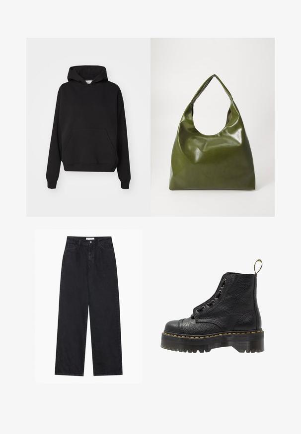 Gina Tricot ICONIC HOODIE - Kapuzenpullover - black; Schwarze hoch geschnittene, weit geschnittene Jeans aus Denim mit Vorderknopf- und Reißverschluss, Gürtelschlaufen und fünf Taschen.; Schwarze Leder-Ankle-Boots mit strukturierten Oberflächen, runder Zehenpartie, Schnürdesign, gelben Nähten und einer dicken, gerippten schwarzen Plateausohle.; Grüne Leder-Hobo-Tasche mit einem lässigen Design, gebogenem Griff und glatter Textur. Enthält keine sichtbaren Beschläge oder Akzente.