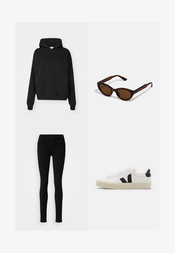 Gina Tricot ICONIC HOODIE - Jersey con capucha - black; Pantalones negros ajustados con cierre de botón, presillas para cinturón y bolsillos frontales, exhibidos sobre un fondo liso claro.; Zapatilla de cuero blanca con logo V de goma negra. Suela texturizada en blanco roto, cordones blancos y detalle en el talón trasero con el nombre de la marca en negro.; Gafas de sol de carey marrón con una forma vintage de ojo de gato y lentes marrones. Presentan brazos curvados con acentos rojos.
