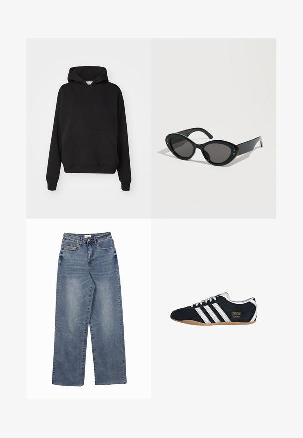 Gina Tricot ICONIC HOODIE - Kapuutsiga pusa - black; Sinised teksapüksid laia säärega, ees taskud ja münditasku, nööpidega sulgemine ja pleekinud pesu detailid.; Must musta tennisjalanikesed valgete kolme triibuga, kuldse logo ja pruuni kummitaldiga. Omab madalat sidumise disaini.; Mustad päikeseprillid, millel on ülipaksud kassisilma-kujulised raamid. Siledad plastraamid tumedate läätsedega ja väikeste tähekujuliste detailidega külgedel.