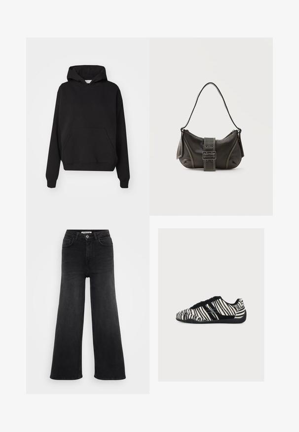 Gina Tricot ICONIC HOODIE - Kapuutsiga pusa - black; Mustadest denimist laiad püksid kõrge vöökohaga, viis taskut ja nupulukuga. Sile tekstuur ja puhas joonejoon.; Madal profiiliga toss mustade ja valgete seebrimustritega, mustade nööpide ja tekstuurse musta tallaga, näidatud küljelt valgel taustal.; Mustast nahast õlakott pandlanööriga detailiga, kõverate servade ja kontrastse valge õmblusega tavalise tausta peal.