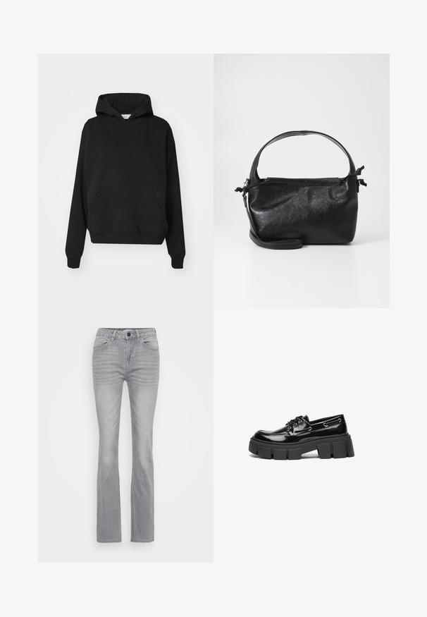 Gina Tricot ICONIC HOODIE - Kapuutsiga pusa - black; Hallide teksad laia jala disainiga, klassikalise viie tasku stiiliga ja nööpidega kinni pandud. Tekstuuriga kangas, kerge pleekimisega.; Must musta nahklofer musta paksu platvorme tallaga ja dekoratiivsete silmadega. Sile tekstuur, ümar nina ja nööridega detail.; Must mustrikujundusega must nahast käekott, ümarate pealmiste käepidemete ja eemaldatava õlalihaga. Omab siledat tekstuuri ja peent sära.