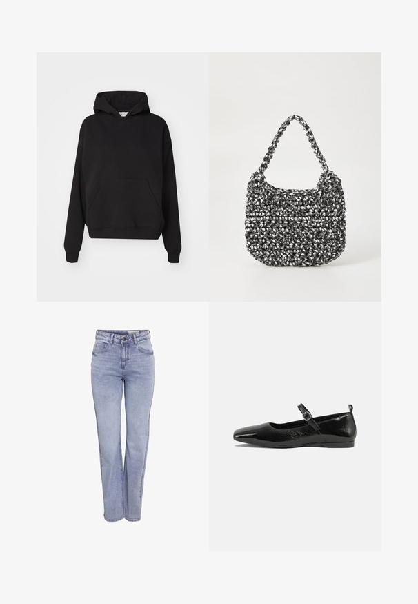 Gina Tricot ICONIC HOODIE - Kapuutsiga pusa - black; Heledad sinine otsejalgsed teksad, mis on valmistatud denimist ja millel on nööbi kinnitussüsteem, viis taskut ning kerge kulumise efekt ees ja taga.; Mustmust musta nahk king, millel on terav nina, pahkluu rihm koos pandlaga ja sile, läikiv tekstuur. Madal konts mugavuse tagamiseks.; Mustri kott musta ja valgega, ümar kuju, tekstureeritud pind ja punutud käepide. Sobib igapäevaseks kasutamiseks.