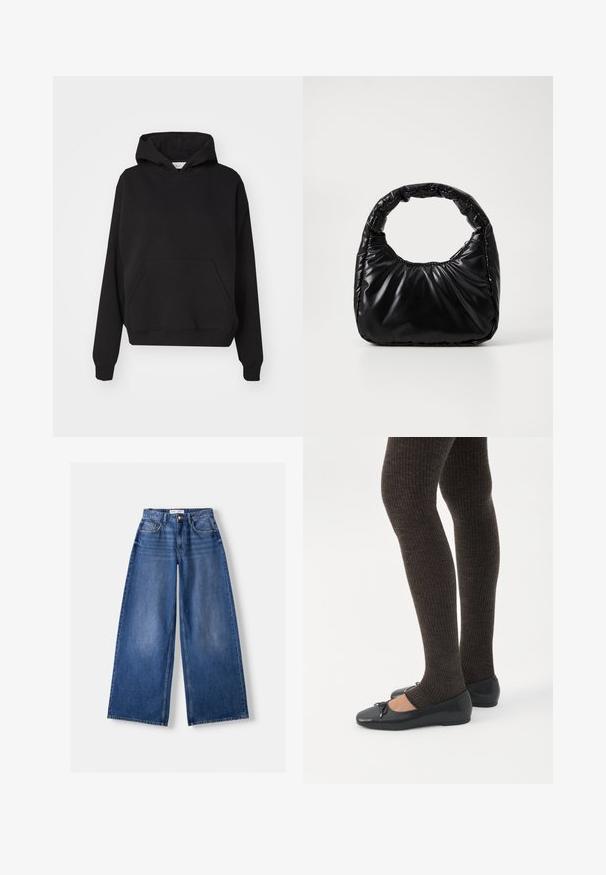 Gina Tricot ICONIC HOODIE - Hættetrøje - black; Bredbenet blå denimjeans med forlommer, bæltestropper og knaplukning, lagt fladt på en lys baggrund.; Ben iført mørke ribbede leggings kombineret med sorte balletsko med små sløjfedetaljer på hvid baggrund.; Sort polstret håndtaske med et rundt håndtag, der har en glat, skinnende overflade og en blød, kviltet tekstur. Ingen synlige hardware eller accenter.