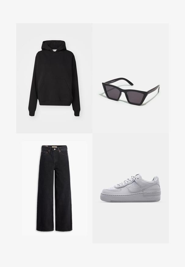 Gina Tricot ICONIC HOODIE - Hoodie - black; Zwarte brede jeans gemaakt van denim, met vijf zakken, koperen klinknagels en een klassieke knoopsluiting. Glad van textuur met een strakke uitstraling.; Grijze Nike Air Force 1 sneaker met geperforeerde neus, glad leren bovenwerk, dikke zool en verhoogde 'AIR' details op de hiel.; Zwarte, hoekige zonnebril met grijze lenzen; gemaakt van plastic, met dikke armen met een gladde oppervlakte en zonder zichtbare hardware.