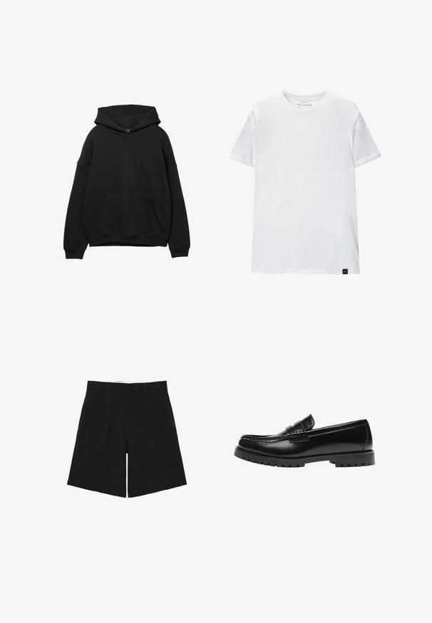 Schwarze Kapuzenjacke aus weichem Stoff, mit einer Vordertasche, verstellbarem Kordelzug an der Kapuze und gerippten Bündchen. Einfaches Design mit minimalen Details.; Weißes Muskel-fitt T-Shirt aus Baumwolle. Rundhals, kurze Ärmel, glatte Textur. Kleines schwarzes Logo-Tag am Saum. Schlichtes Design.; Schwarze, maßgeschneiderte Shorts mit Gürtelschlaufen, vorderen Falten und Seitentaschen, flach auf einem weißen Hintergrund liegend.; Schwarzer Leder-Slipper mit dicker Gummisohle und klassischem Penny-Detail an der Riemen, von der Außenseite gezeigt.