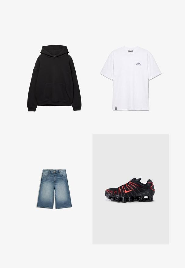 Schwarze Kapuzenjacke aus weichem Stoff, mit einer Vordertasche, verstellbarem Kordelzug an der Kapuze und gerippten Bündchen. Einfaches Design mit minimalen Details.; Weißes kurzärmeliges T-Shirt mit kleinem schwarzem "PEGADOR"-Logo und einem Blattmotiv auf der oberen linken Brust sowie einem kleinen Etikett am unteren Saum.; Mitteldunkelblaue Jeans-Shorts knielang mit vorderen Taschen, Gürtelschlaufen und Knopfverschluss, mit leicht verblassten Details an den Oberschenkeln.; Schwarze Sportchuhe mit roten Akzenten, ausgestattet mit einem strukturierten Mesh-Obermaterial, einem einzigartigen wellenförmigen Design und einer geformten, gepolsterten Sohle.