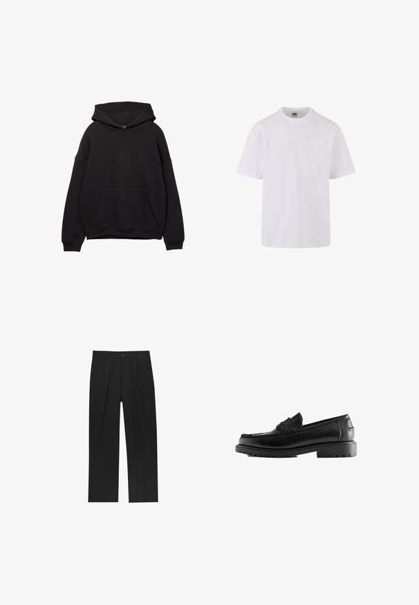Schwarze Kapuzenjacke aus weichem Stoff, mit einer Vordertasche, verstellbarem Kordelzug an der Kapuze und gerippten Bündchen. Einfaches Design mit minimalen Details.; Weißes T-Shirt mit kurzen Ärmeln aus Baumwolle, mit Rundhalsausschnitt und einer kleinen Tasche auf der linken Brustseite.; Schwarze Hose mit geradem Schnitt, aus einem glatten Stoff gefertigt. Verfügt über Vorderfalten und einen einzelnen Knopfverschluss an der Taille.; Schwarzer Lederloafer mit dicker Gummisohle und Mokassinnaht, Seitenansicht auf weißem Hintergrund.