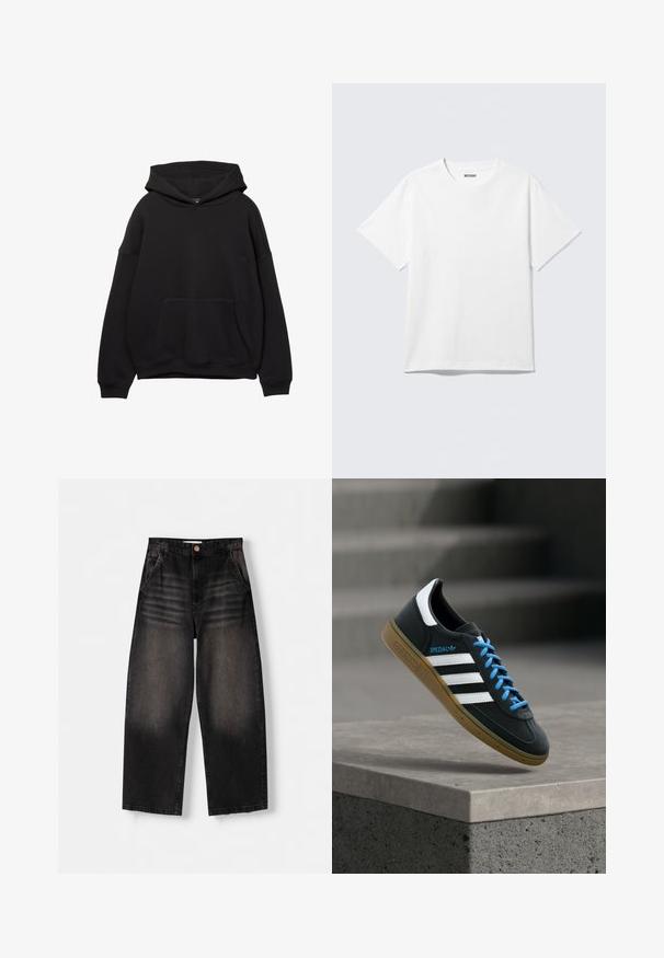 Schwarze Kapuzenjacke aus weichem Stoff, mit einer Vordertasche, verstellbarem Kordelzug an der Kapuze und gerippten Bündchen. Einfaches Design mit minimalen Details.; Weißes T-Shirt mit kurzen Ärmeln und Rundhalsausschnitt, flach liegend, schlichtes Design, mit „WEEKDAY“-Etikett innen im Kragen auf hellem Hintergrund.; Schwarze Denim-Weite-Leg-Jeans mit einem ausgewaschenen Design, ausgestattet mit fünf Taschen, einem Knopfverschluss und dezenten Waschungen auf der Vorderseite.; Schwarzer Adidas-Sneaker mit weißen Streifen, blauen Schnürsenkeln und Gummisohle, der über einer grauen Betontreppe im weichen Licht schwebt.