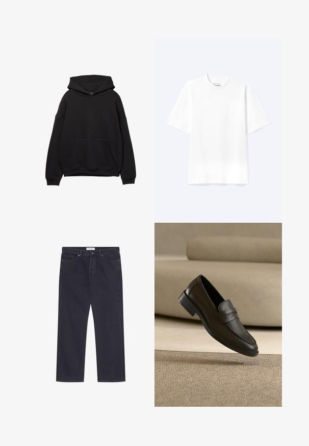 Schwarze Kapuzenjacke aus weichem Stoff, mit einer Vordertasche, verstellbarem Kordelzug an der Kapuze und gerippten Bündchen. Einfaches Design mit minimalen Details.; Schlichtes weißes T-Shirt mit kurzen Ärmeln und Rundhalsausschnitt in entspannter Passform, auf hellem Hintergrund dargestellt.; Dunkelblaue Denim-Jeans mit geradem Bein, fünf Taschen und einer klassischen Knopf- und Reißverschlussöffnung. Merkmale sind kontrastierende Nähte.; Schwarzer Lederloafer, der auf einem beigen Teppich liegt, mit einem gebogenen beigen Sofa im Hintergrund.