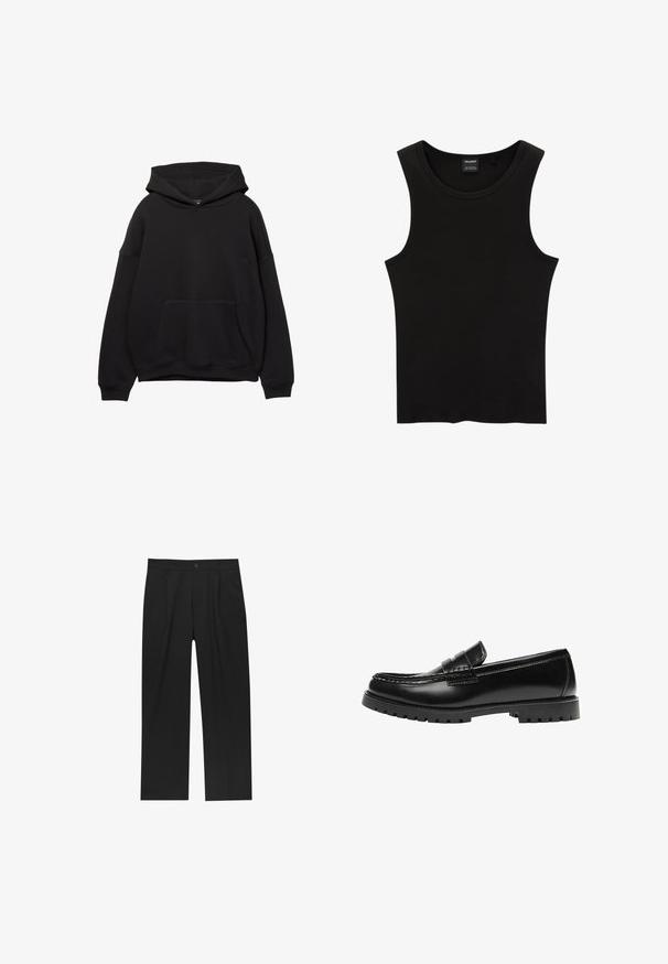 Sort hættejakke lavet af blødt stof, med en frontlomme, justerbar snøre i hætten og ribbede manchetter. Enkel design med minimal detaljering.; Sort ribbet tanktop med rund halsudskæring og brede ærmegab, lavet af en blød, strækbar stof. Mærke: Pull&Bear.; Sorte bukser med lige ben, lavet af et glat stof. Har frontfolder og en enkelt knaplukning i taljen.; Sort læderloafer med en kraftig gummisål og klassiske penny-strap detaljer, vist fra ydersiden.
