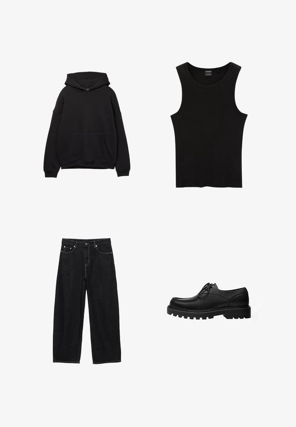 Sort hættejakke lavet af blødt stof, med en frontlomme, justerbar snøre i hætten og ribbede manchetter. Enkel design med minimal detaljering.; Sort ribbet tanktop med rund halsudskæring og brede ærmegab, lavet af en blød, strækbar stof. Mærke: Pull&Bear.; Sorte denimjeans med vide ben, forlommer, bæltestropper og knaplukning.; Sort læder snøresko med tyk, robust sål og detaljerede syninger på oversiden, designet til formelt eller afslappet brug.