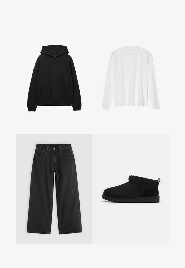 Sort hættejakke lavet af blødt stof, med en frontlomme, justerbar snøre i hætten og ribbede manchetter. Enkel design med minimal detaljering.; Hvid, langærmet t-shirt i bomuld med rund hals, med ribbede ærmeafslutninger og en lige kant, glat tekstur og minimalistisk design.; Sorte denim jeans med vide ben, forlommer, bæltestropper og knaplukning, vist på en ensfarvet lys baggrund.; Sorte ruskind ankelstøvler med en blød, tekstureret foring, lavprofilgummi sål og en løkke bagpå for nem påtagning.