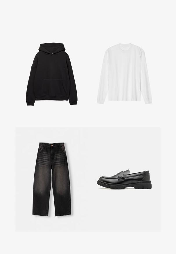 Sort hættejakke lavet af blødt stof, med en frontlomme, justerbar snøre i hætten og ribbede manchetter. Enkel design med minimal detaljering.; Hvid, langærmet t-shirt i bomuld med rund hals, med ribbede ærmeafslutninger og en lige kant, glat tekstur og minimalistisk design.; Sorte denim bukser med vid ben, der har et falmet design, fem lommer, knaplukning og subtile slidte detaljer foran.; Sort læder loafersko med en bred rem over forfoden, gummisål med tykke mønstre og glat overflade. Klassisk, slankt design.