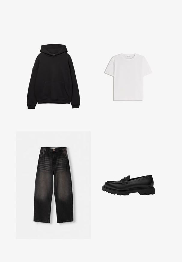 Sort hættejakke lavet af blødt stof, med en frontlomme, justerbar snøre i hætten og ribbede manchetter. Enkel design med minimal detaljering.; Hvid bomuld T-shirt med rund halsudskæring og korte ærmer. Har en klassisk, firkantet form uden synlige mønstre eller detaljer.; Sorte denim bukser med vid ben, der har et falmet design, fem lommer, knaplukning og subtile slidte detaljer foran.; Sorte læder loafers med en robust, struktureret sål. Har en dekorativ syet kant og en lav hæl for et moderne design.