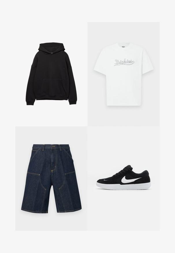 Schwarze Kapuzenjacke aus weichem Stoff, mit einer Vordertasche, verstellbarem Kordelzug an der Kapuze und gerippten Bündchen. Einfaches Design mit minimalen Details.; Weißes kurzärmeliges T-Shirt mit dem Schriftzug "Dickies" in schwarzer Umrisslinie auf der Brust, einfarbiger Hintergrund.; Dunkelblaue Denim-Shorts mit Front- und Seitentaschen, Gürtelschlaufen und Knopfverschluss an der Taille.; Schwarze Wildledersneaker mit weißen Akzenten, runder Zehenform, dicker weißer Sohle und schwarzen Schnürsenkeln. Auffälliges weißes Nike-Logo an der Seite.