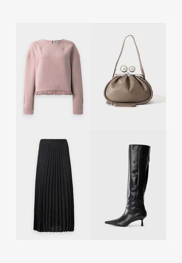Lys pink sweatshirt lavet af blødt materiale, med rund halsudskæring, lange ærmer og en flæse kant. Bagtil med lynlåsdetalje.; Sort plisseret midinederdel med elastisk taljebånd, lavet af letvægtsstof, vist fladt mod en lys baggrund.; Sorte læder knæhøje støvler med spids tå og slank buet hæl. Glat tekstur, tætsiddende design og ingen synlig hardware eller mønstre.; Grå læderhåndtaske med rundet form, toplås med to store sølvkugler og en enkelt strop.