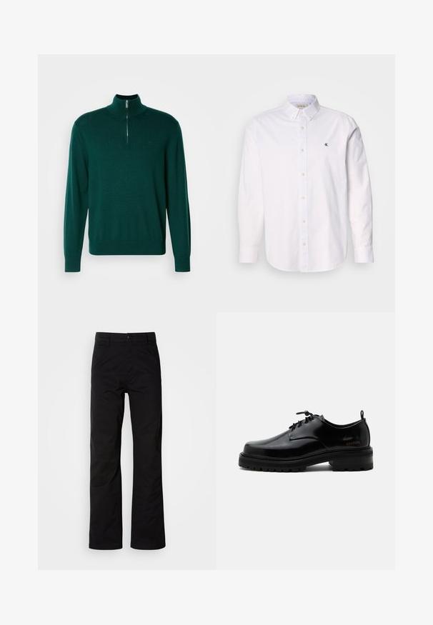 Mørkegrøn zip-up sweater med høj krave, lange ærmer og ribbede manchetter. Fremstillet af et glat, let strikket stof. Subtilt logo detalje.; Hvid skjorte med knappelukning lavet af bomuld, med klassisk krave, lange ærmer og et lille CK-logo på venstre bryst. Glat tekstur.; Sort bomuldsbukser med lige ben, der har knaplukning og bæltestropper. Glat tekstur og minimalistisk stil uden synlige mønstre.; Sort poleret læder snørestøvle med tyk gummisål og lav hæl, sideskilt med mærketekst "SAMSOE" og bageste træksnor.