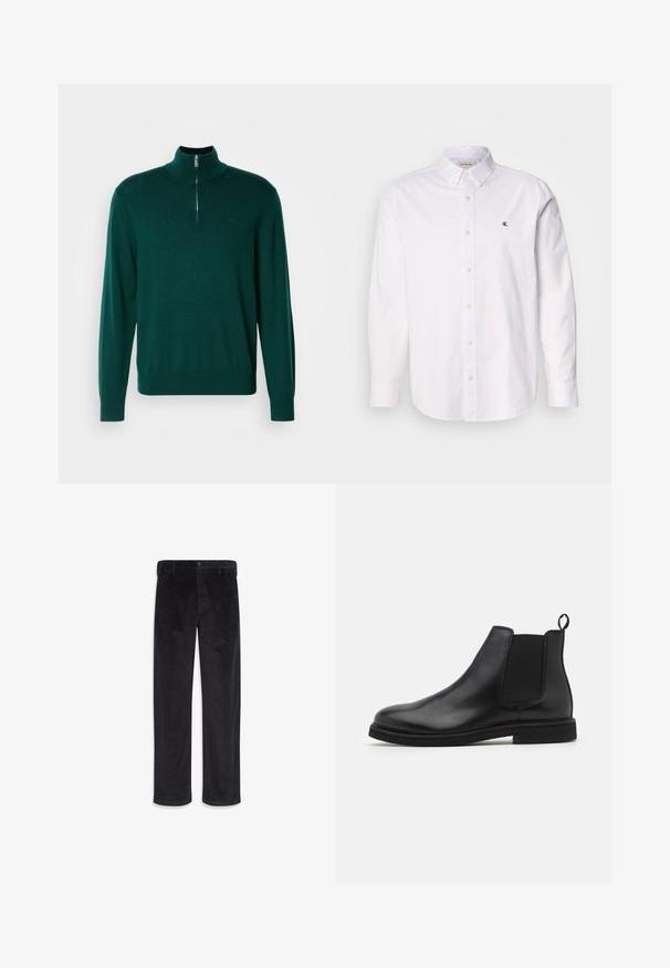 Mørkegrøn zip-up sweater med høj krave, lange ærmer og ribbede manchetter. Fremstillet af et glat, let strikket stof. Subtilt logo detalje.; Hvid skjorte med knappelukning lavet af bomuld, med klassisk krave, lange ærmer og et lille CK-logo på venstre bryst. Glat tekstur.; Sorte, lige bukser i ribstof med knap- og lynlåslukning, bæltestropper og sidelommer.; Sorte læder Chelsea støvler med elastiske sidepaneler og en træksløjfe. Rund tå og flad gummisål, der fremviser en glat finish.